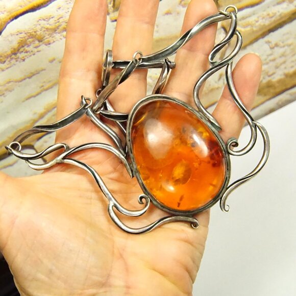 Giant Amber & 925 Sterling Silver Link Necklace - Rare Gift For Women - Picture 6 of 10